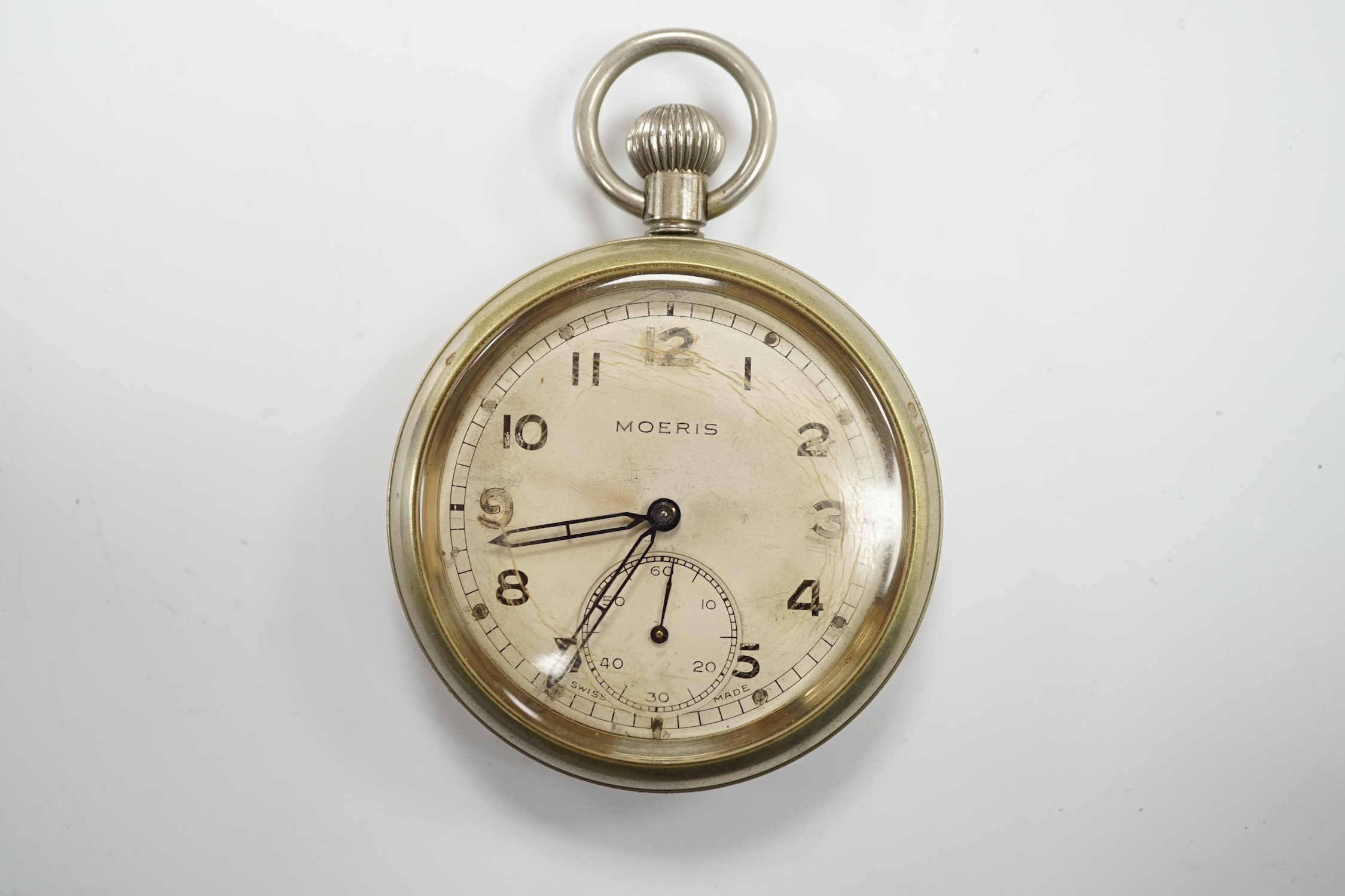 A nickel cased Moeris military G.S.T.P. (General Service Trade Pattern) open face pocket watch, with Arabic dial and subsidiary seconds, case diameter 50mm.